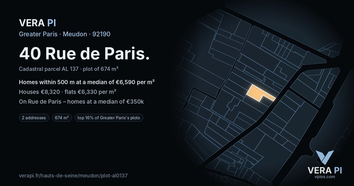 40 Rue de Paris, Meudon at night – the plot lit, the parcels around coloured by the prices near them