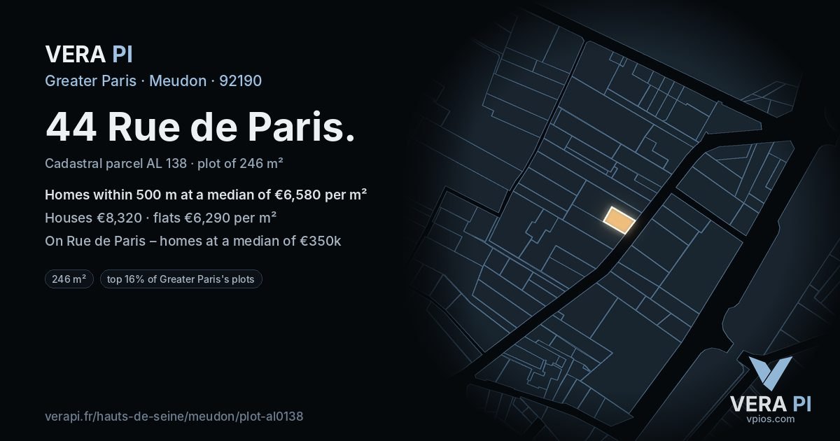 44 Rue de Paris, Meudon at night – the plot lit, the parcels around coloured by the prices near them