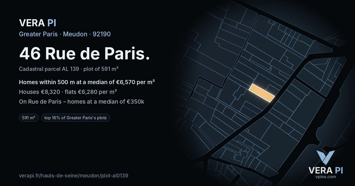46 Rue de Paris, Meudon at night – the plot lit, the parcels around coloured by the prices near them