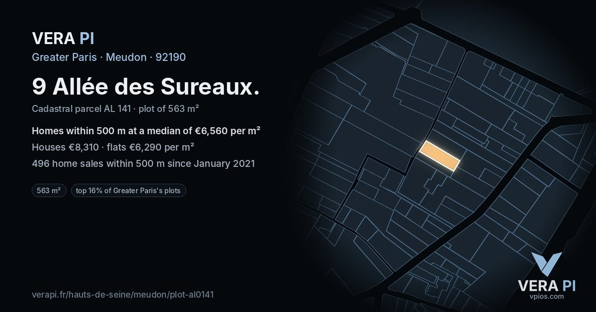 9 Allée des Sureaux, Meudon at night – the plot lit, the parcels around coloured by the prices near them