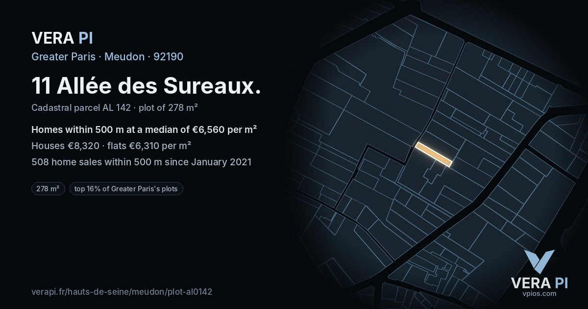 11 Allée des Sureaux, Meudon at night – the plot lit, the parcels around coloured by the prices near them