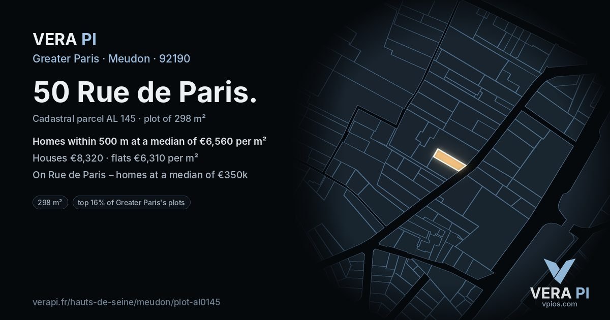 50 Rue de Paris, Meudon at night – the plot lit, the parcels around coloured by the prices near them