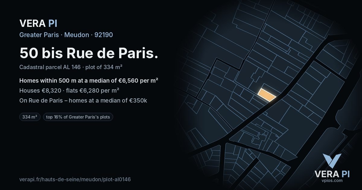 50 bis Rue de Paris, Meudon at night – the plot lit, the parcels around coloured by the prices near them