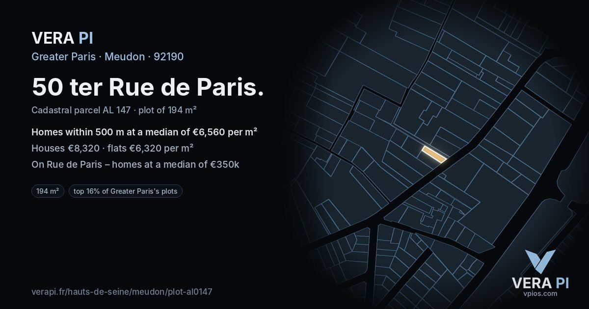 50 ter Rue de Paris, Meudon at night – the plot lit, the parcels around coloured by the prices near them