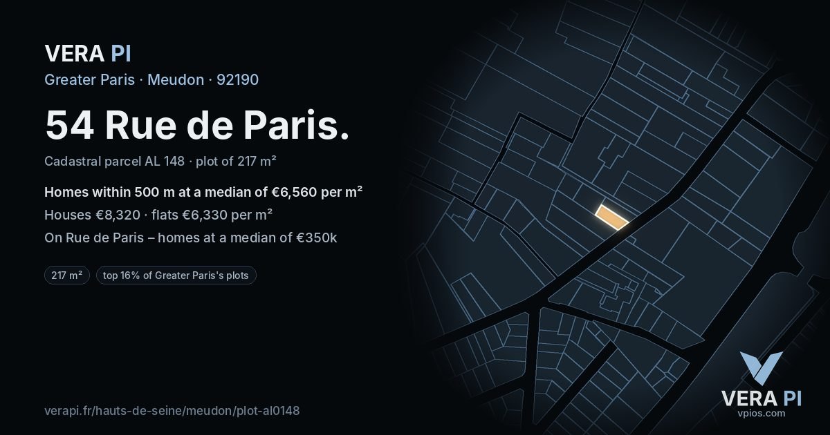 54 Rue de Paris, Meudon at night – the plot lit, the parcels around coloured by the prices near them