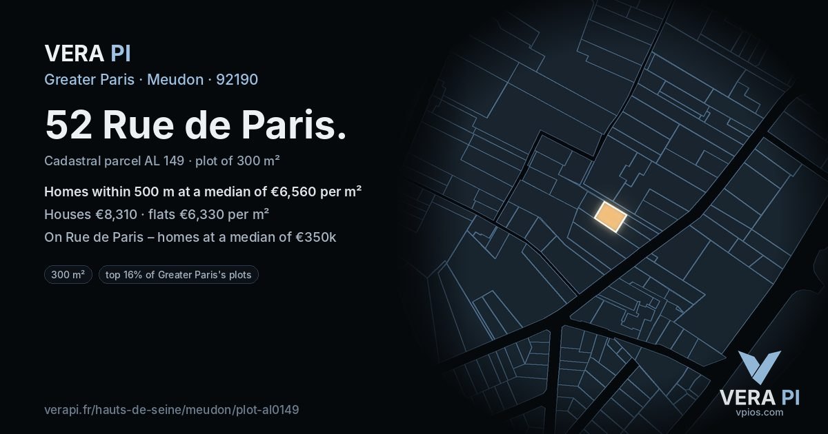 52 Rue de Paris, Meudon at night – the plot lit, the parcels around coloured by the prices near them