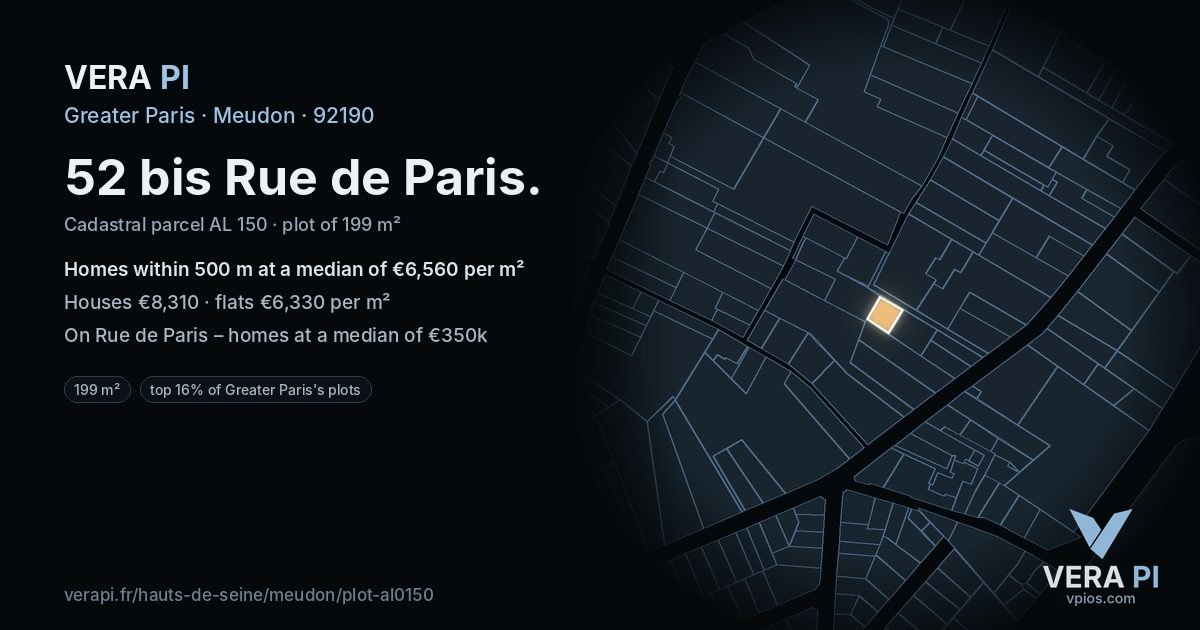 52 bis Rue de Paris, Meudon at night – the plot lit, the parcels around coloured by the prices near them