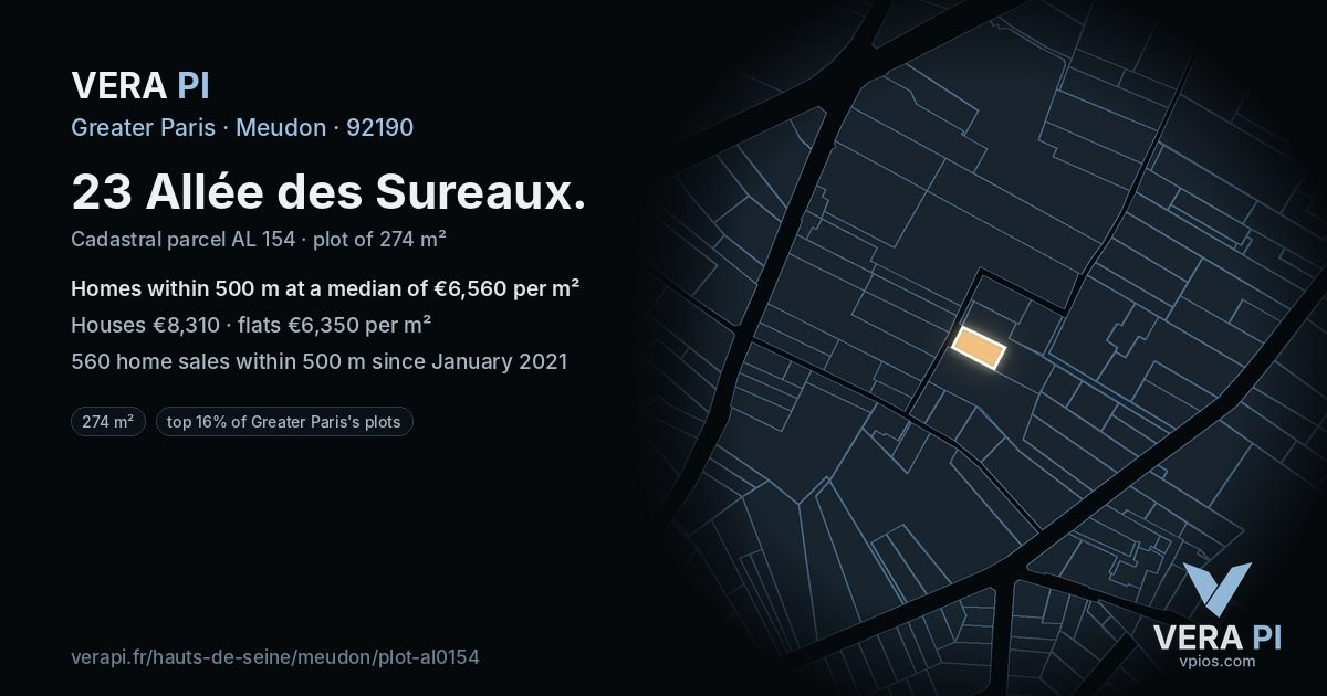 23 Allée des Sureaux, Meudon at night – the plot lit, the parcels around coloured by the prices near them