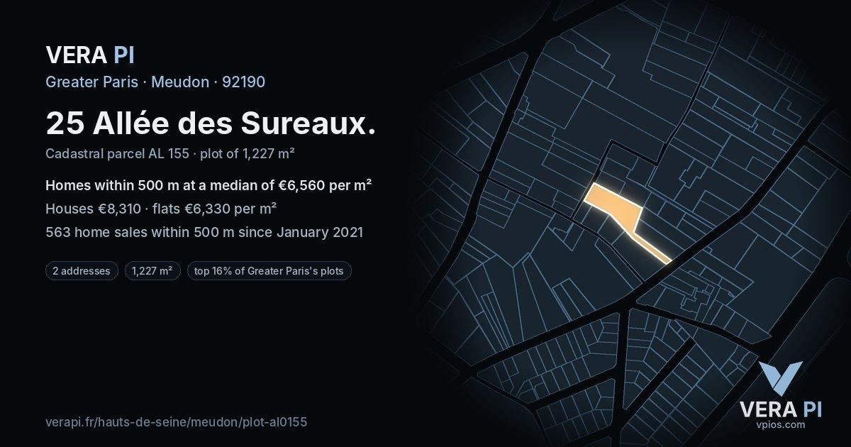 25 Allée des Sureaux, Meudon at night – the plot lit, the parcels around coloured by the prices near them