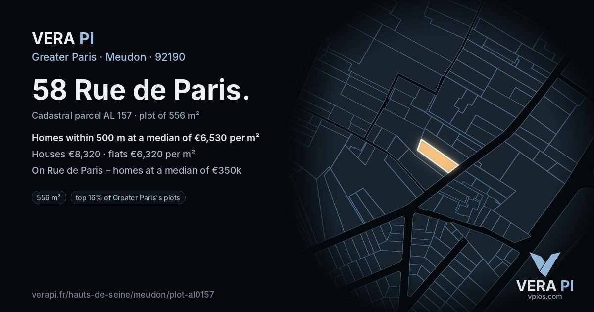 58 Rue de Paris, Meudon at night – the plot lit, the parcels around coloured by the prices near them