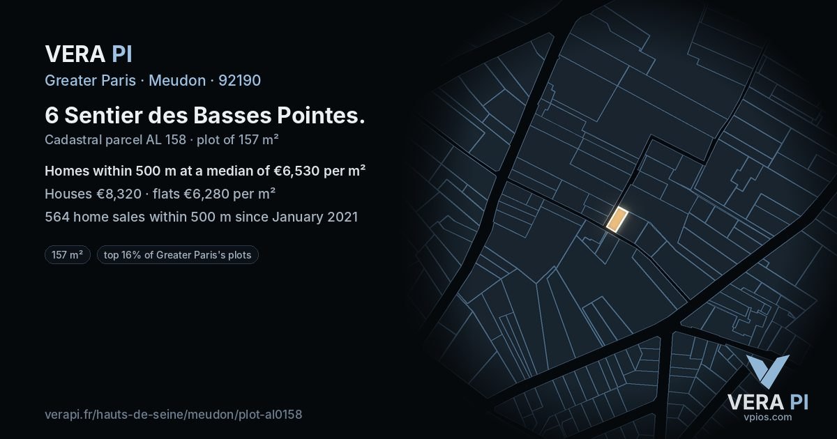 6 Sentier des Basses Pointes, Meudon at night – the plot lit, the parcels around coloured by the prices near them