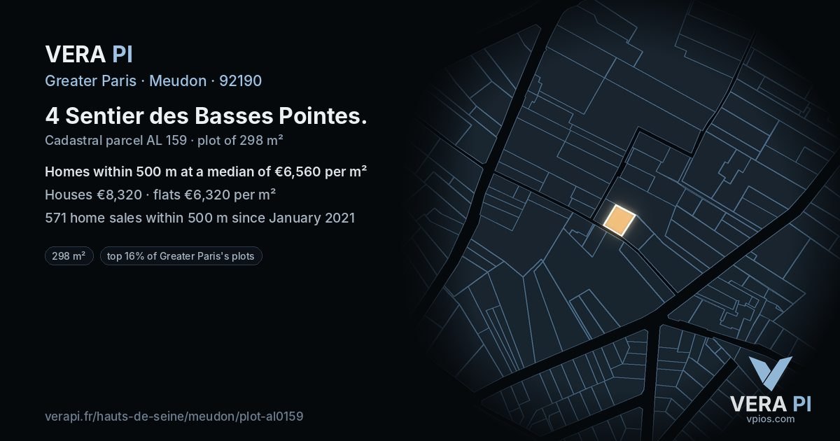 4 Sentier des Basses Pointes, Meudon at night – the plot lit, the parcels around coloured by the prices near them