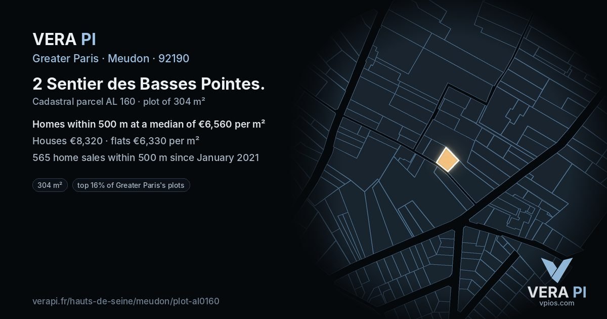 2 Sentier des Basses Pointes, Meudon at night – the plot lit, the parcels around coloured by the prices near them