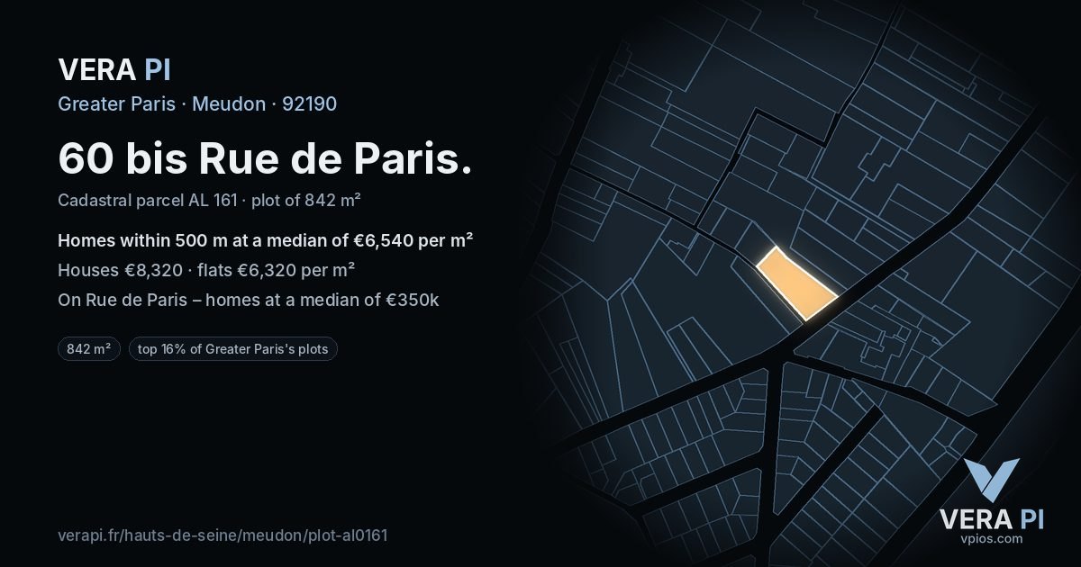 60 bis Rue de Paris, Meudon at night – the plot lit, the parcels around coloured by the prices near them