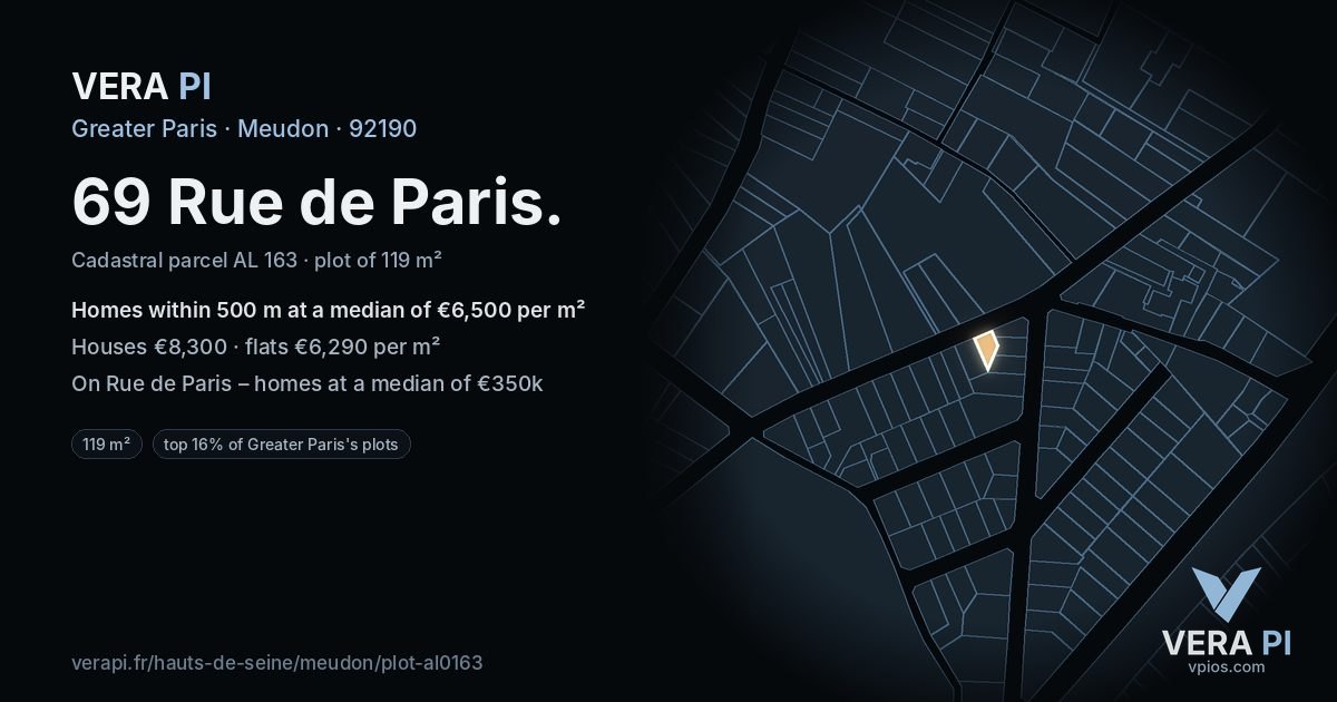 69 Rue de Paris, Meudon at night – the plot lit, the parcels around coloured by the prices near them
