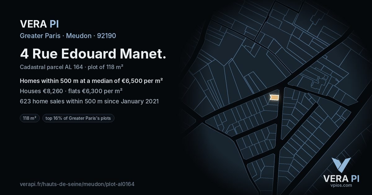 4 Rue Edouard Manet, Meudon at night – the plot lit, the parcels around coloured by the prices near them