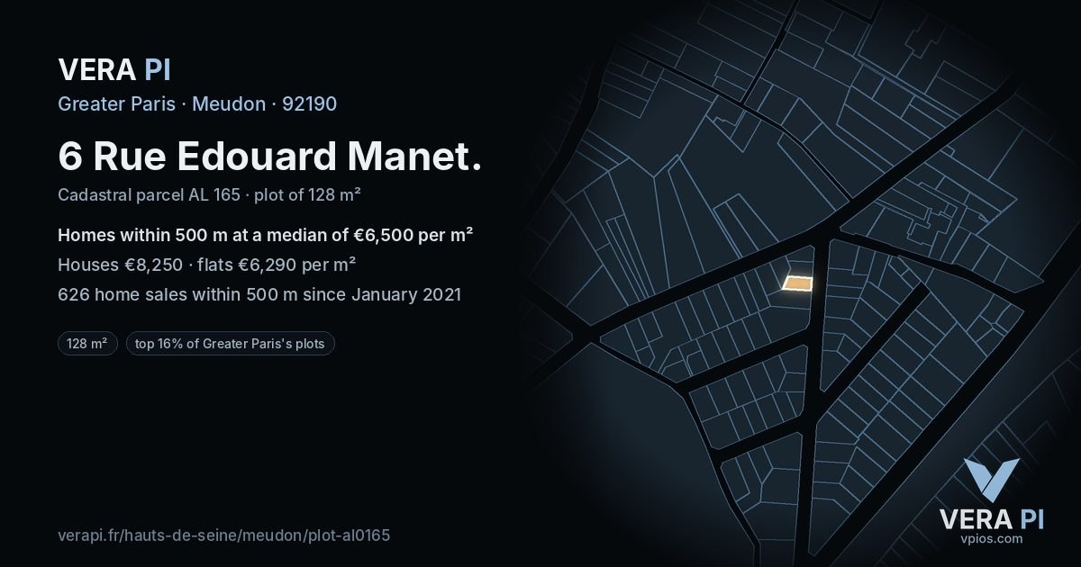 6 Rue Edouard Manet, Meudon at night – the plot lit, the parcels around coloured by the prices near them