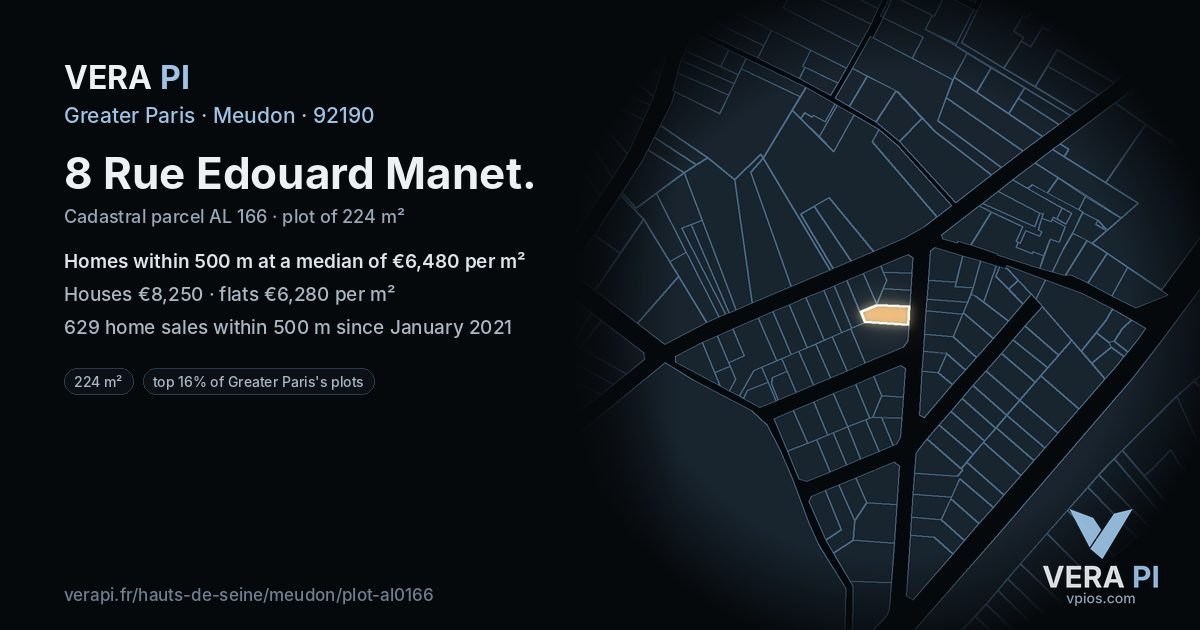 8 Rue Edouard Manet, Meudon at night – the plot lit, the parcels around coloured by the prices near them