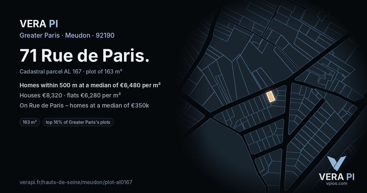 71 Rue de Paris, Meudon at night – the plot lit, the parcels around coloured by the prices near them