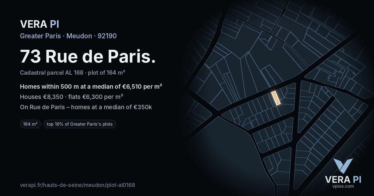 73 Rue de Paris, Meudon at night – the plot lit, the parcels around coloured by the prices near them