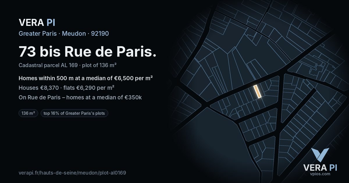 73 bis Rue de Paris, Meudon at night – the plot lit, the parcels around coloured by the prices near them