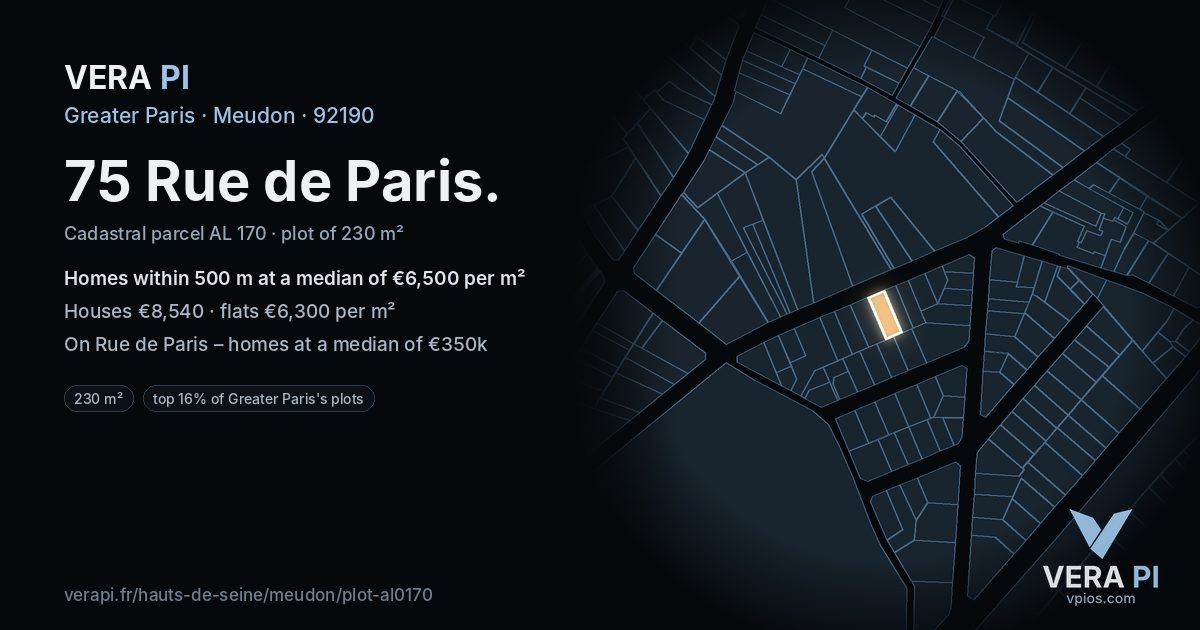 75 Rue de Paris, Meudon at night – the plot lit, the parcels around coloured by the prices near them