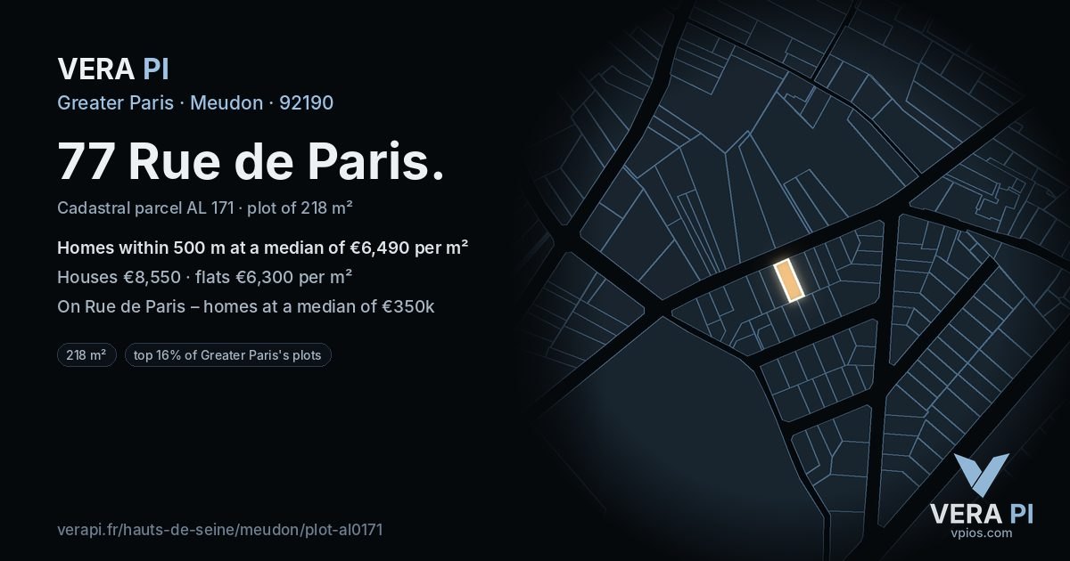 77 Rue de Paris, Meudon at night – the plot lit, the parcels around coloured by the prices near them