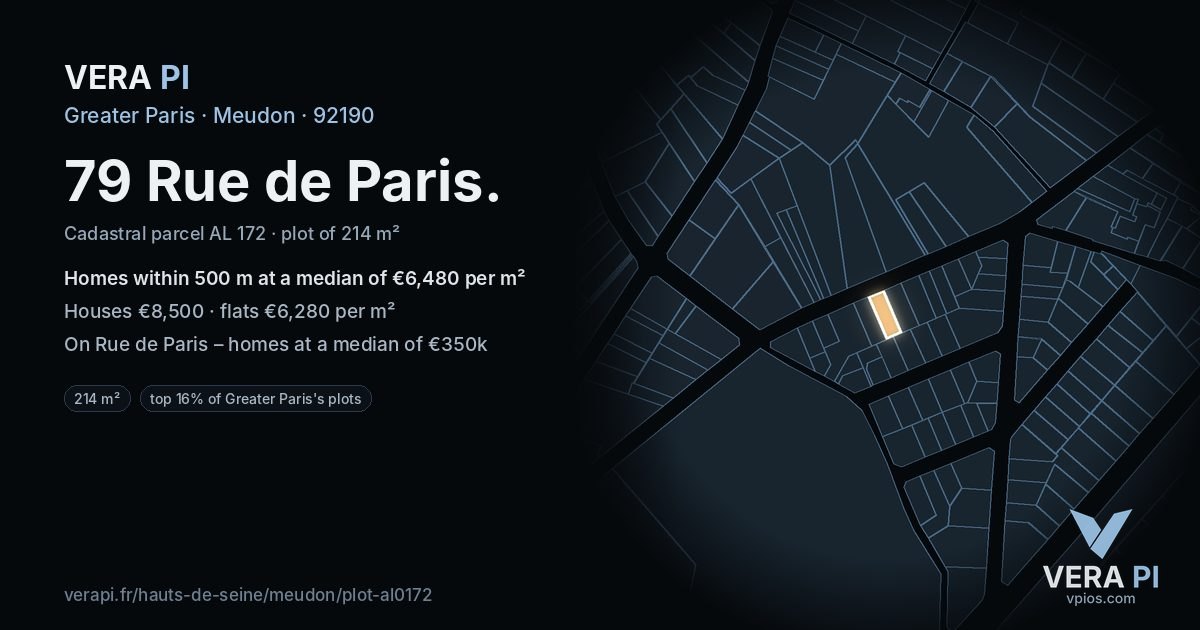 79 Rue de Paris, Meudon at night – the plot lit, the parcels around coloured by the prices near them