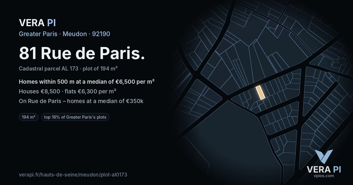 81 Rue de Paris, Meudon at night – the plot lit, the parcels around coloured by the prices near them