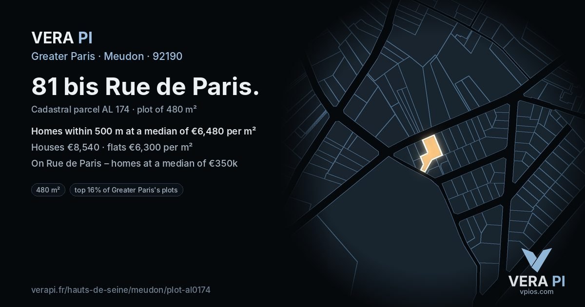 81 bis Rue de Paris, Meudon at night – the plot lit, the parcels around coloured by the prices near them