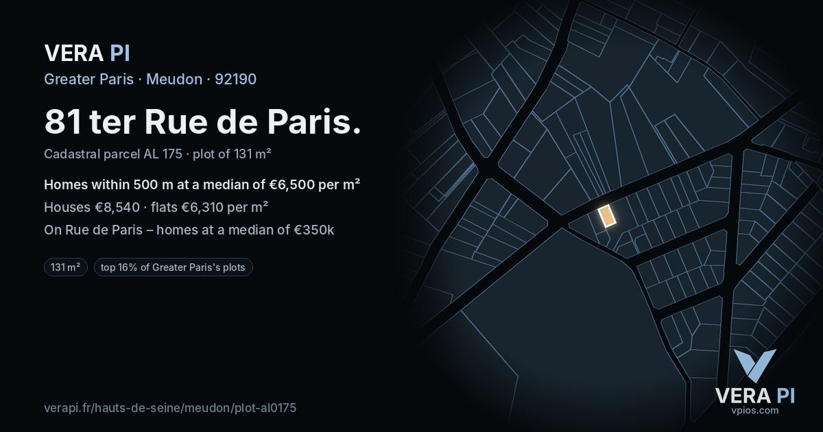 81 ter Rue de Paris, Meudon at night – the plot lit, the parcels around coloured by the prices near them