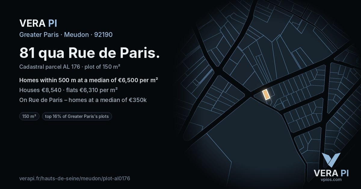 81 qua Rue de Paris, Meudon at night – the plot lit, the parcels around coloured by the prices near them