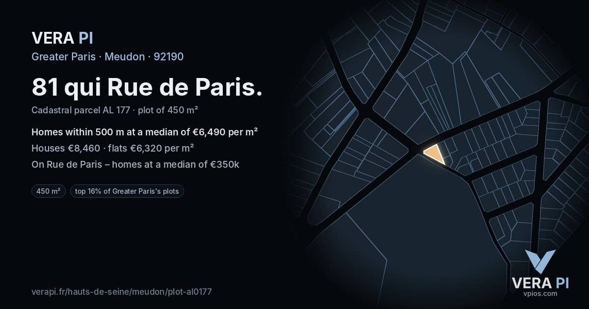 81 qui Rue de Paris, Meudon at night – the plot lit, the parcels around coloured by the prices near them