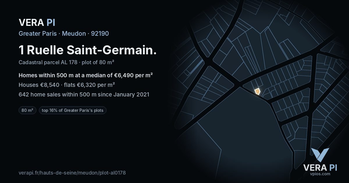 1 Ruelle Saint-Germain, Meudon at night – the plot lit, the parcels around coloured by the prices near them
