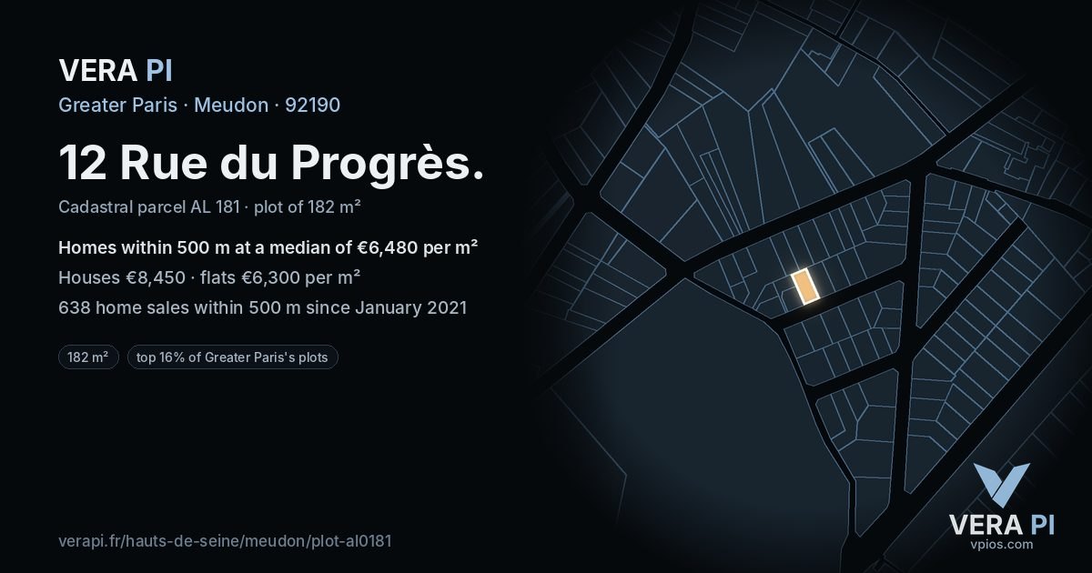 12 Rue du Progrès, Meudon at night – the plot lit, the parcels around coloured by the prices near them