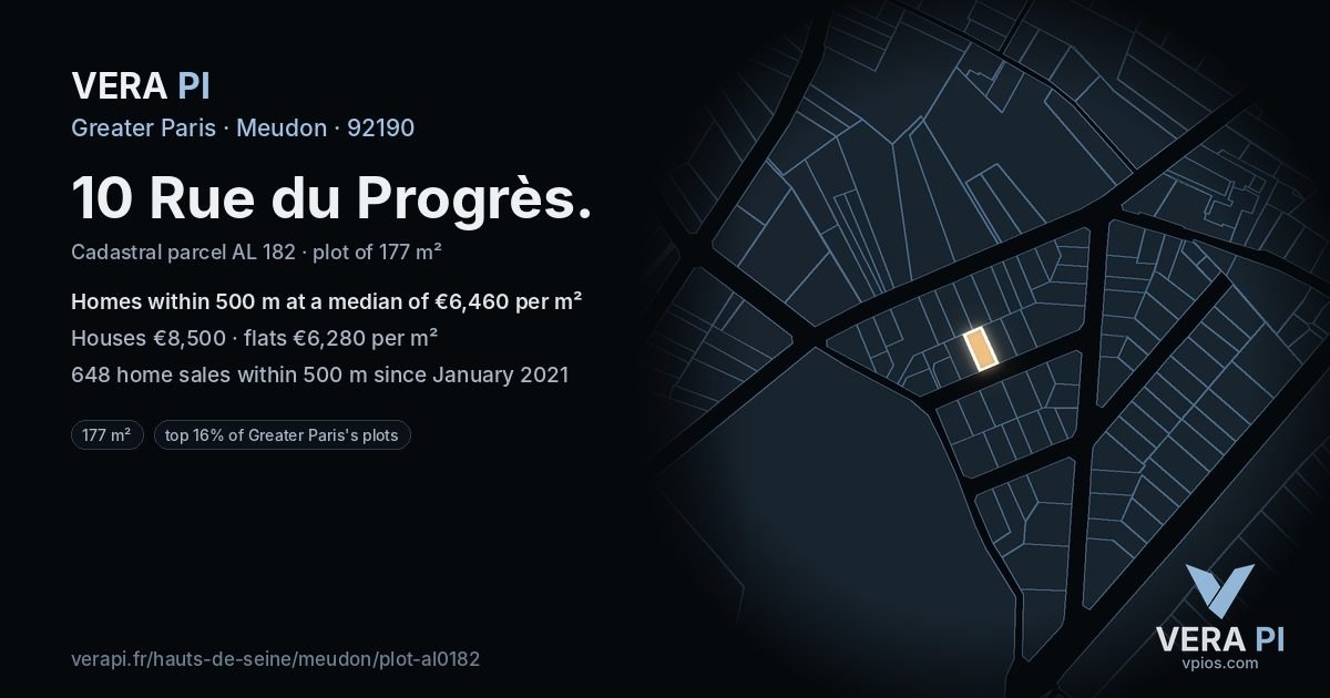 10 Rue du Progrès, Meudon at night – the plot lit, the parcels around coloured by the prices near them