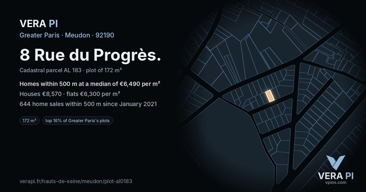 8 Rue du Progrès, Meudon at night – the plot lit, the parcels around coloured by the prices near them