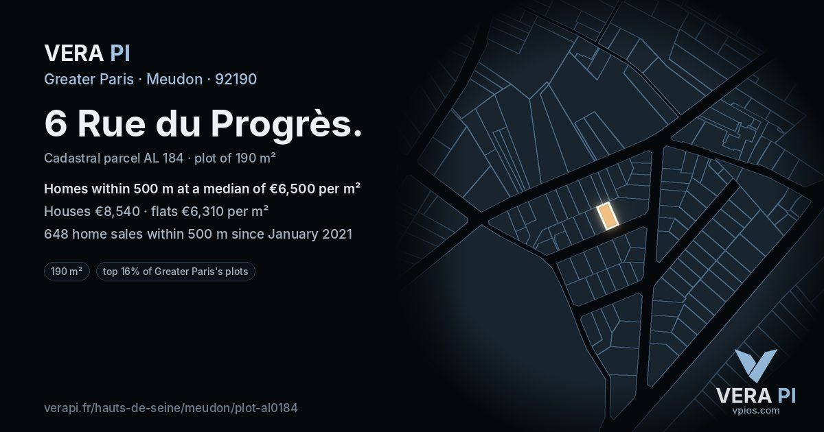 6 Rue du Progrès, Meudon at night – the plot lit, the parcels around coloured by the prices near them