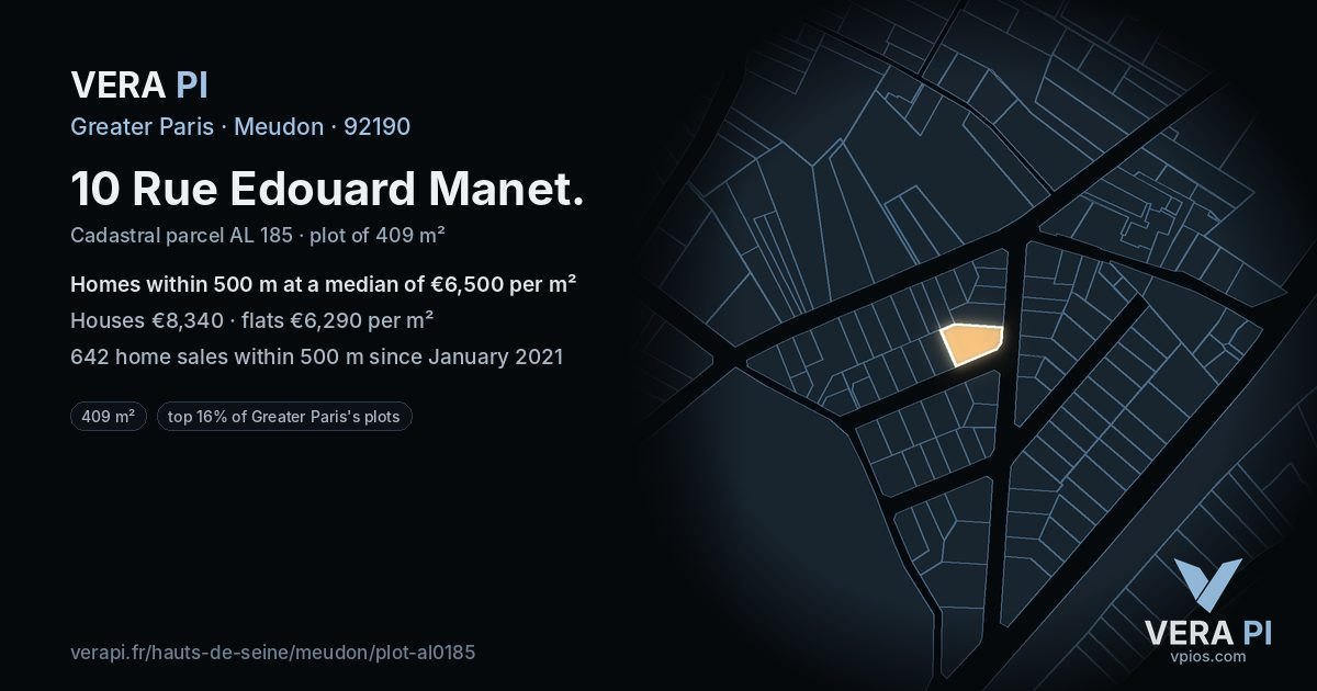 10 Rue Edouard Manet, Meudon at night – the plot lit, the parcels around coloured by the prices near them