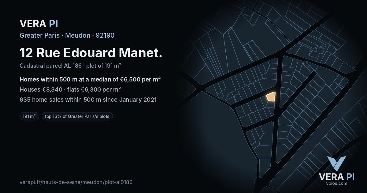 12 Rue Edouard Manet, Meudon at night – the plot lit, the parcels around coloured by the prices near them