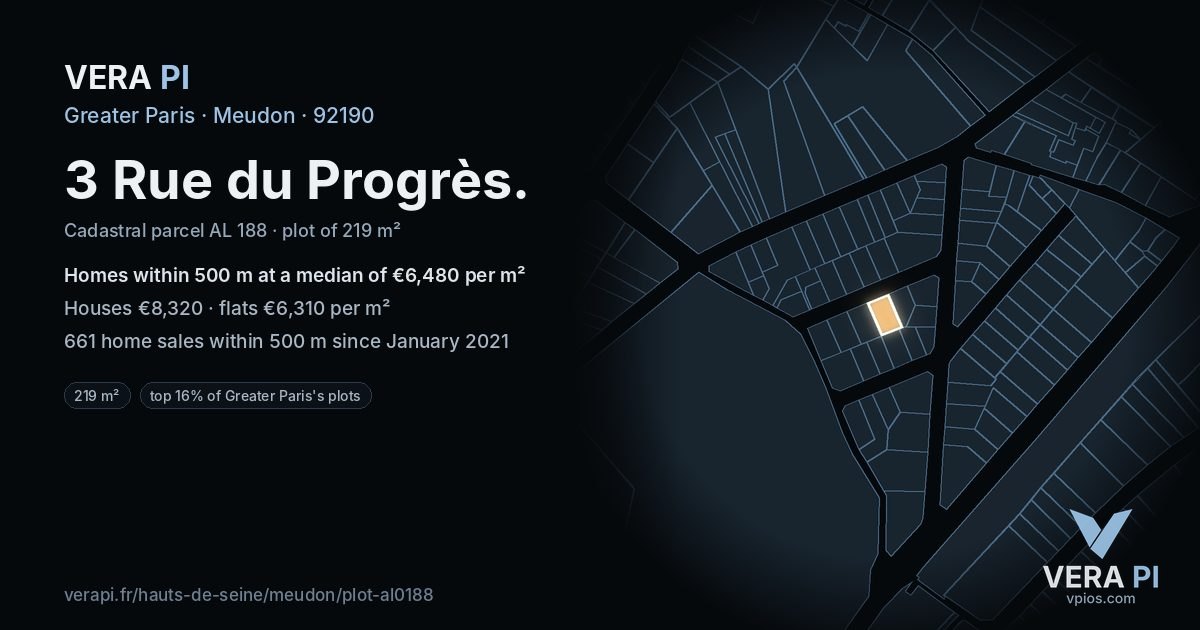 3 Rue du Progrès, Meudon at night – the plot lit, the parcels around coloured by the prices near them