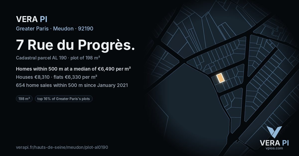 7 Rue du Progrès, Meudon at night – the plot lit, the parcels around coloured by the prices near them