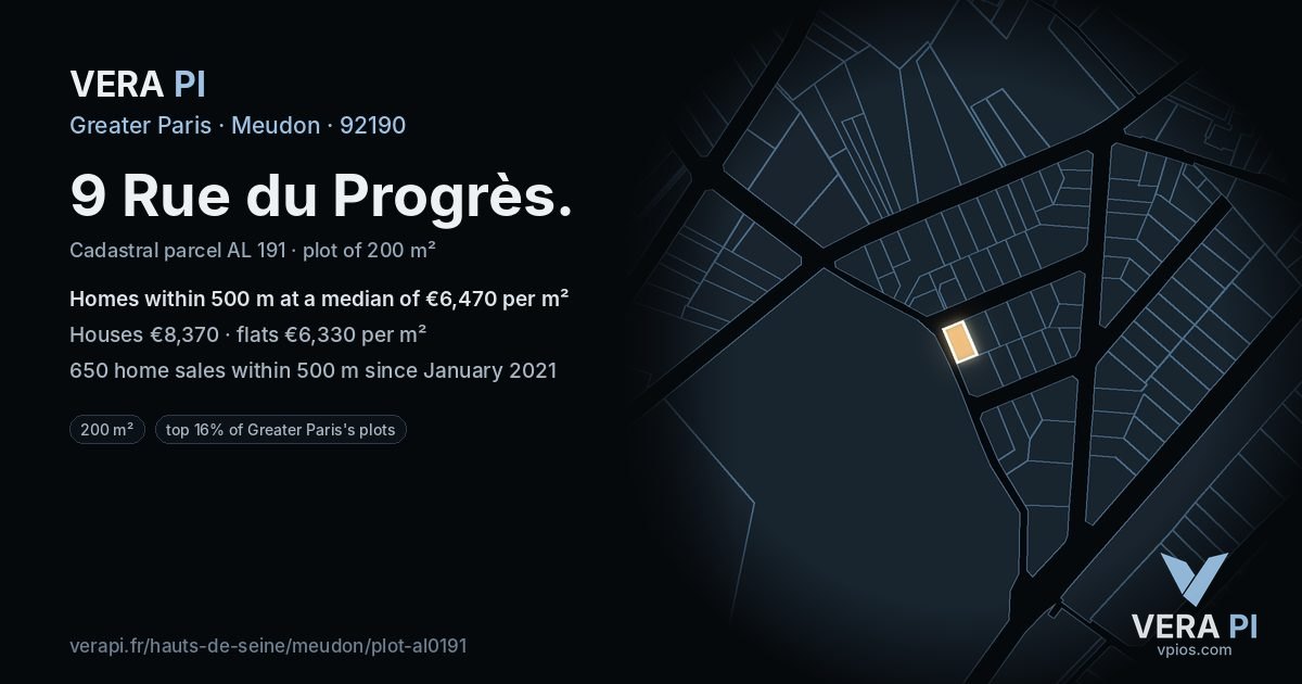 9 Rue du Progrès, Meudon at night – the plot lit, the parcels around coloured by the prices near them