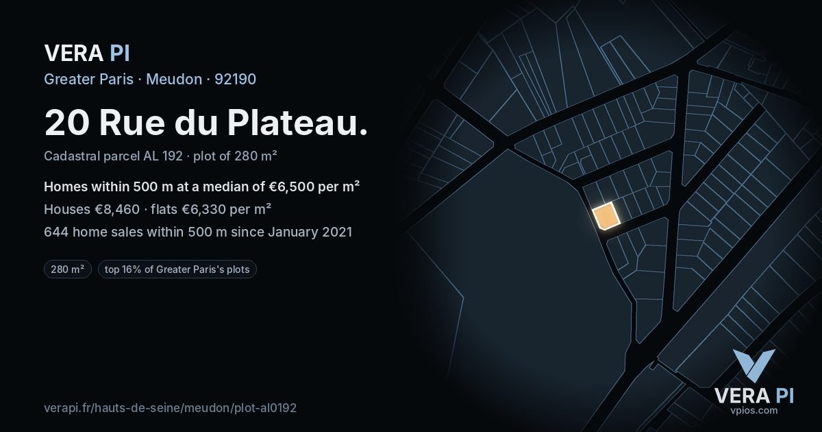 20 Rue du Plateau, Meudon at night – the plot lit, the parcels around coloured by the prices near them
