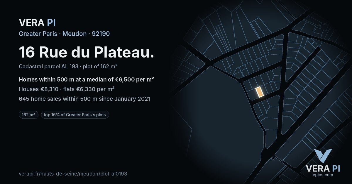 16 Rue du Plateau, Meudon at night – the plot lit, the parcels around coloured by the prices near them
