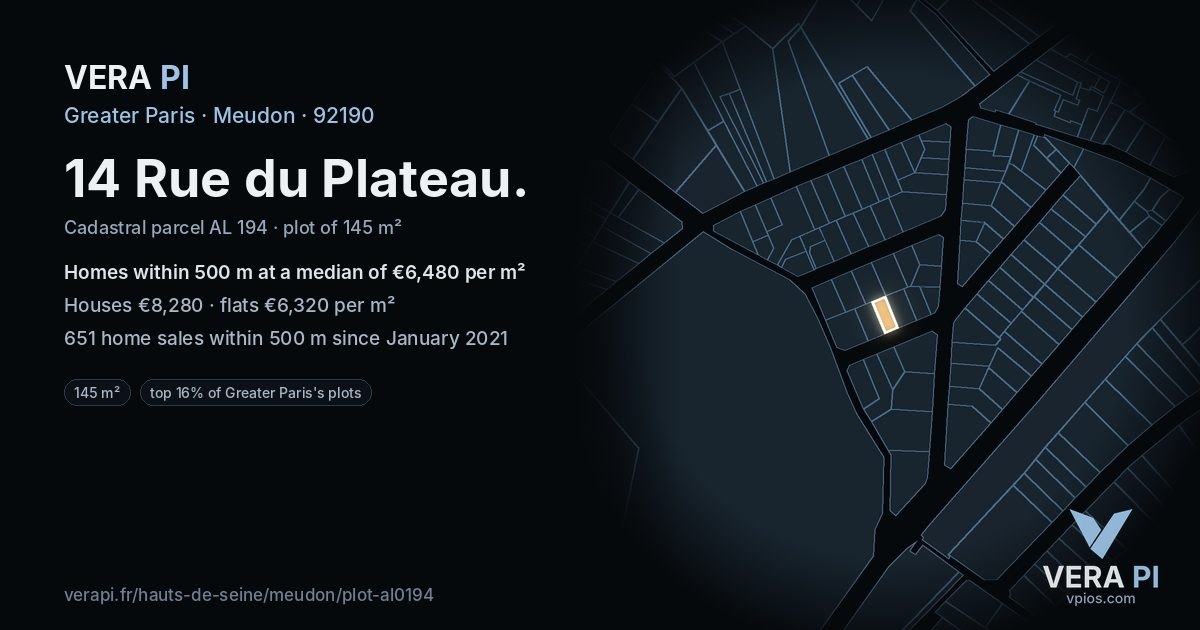 14 Rue du Plateau, Meudon at night – the plot lit, the parcels around coloured by the prices near them