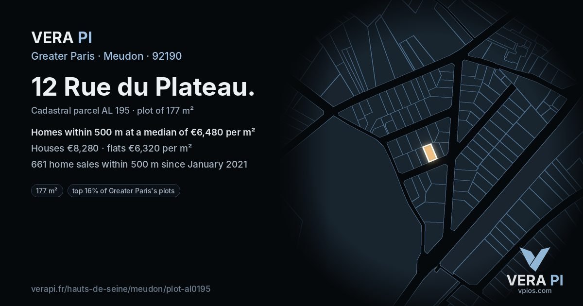 12 Rue du Plateau, Meudon at night – the plot lit, the parcels around coloured by the prices near them