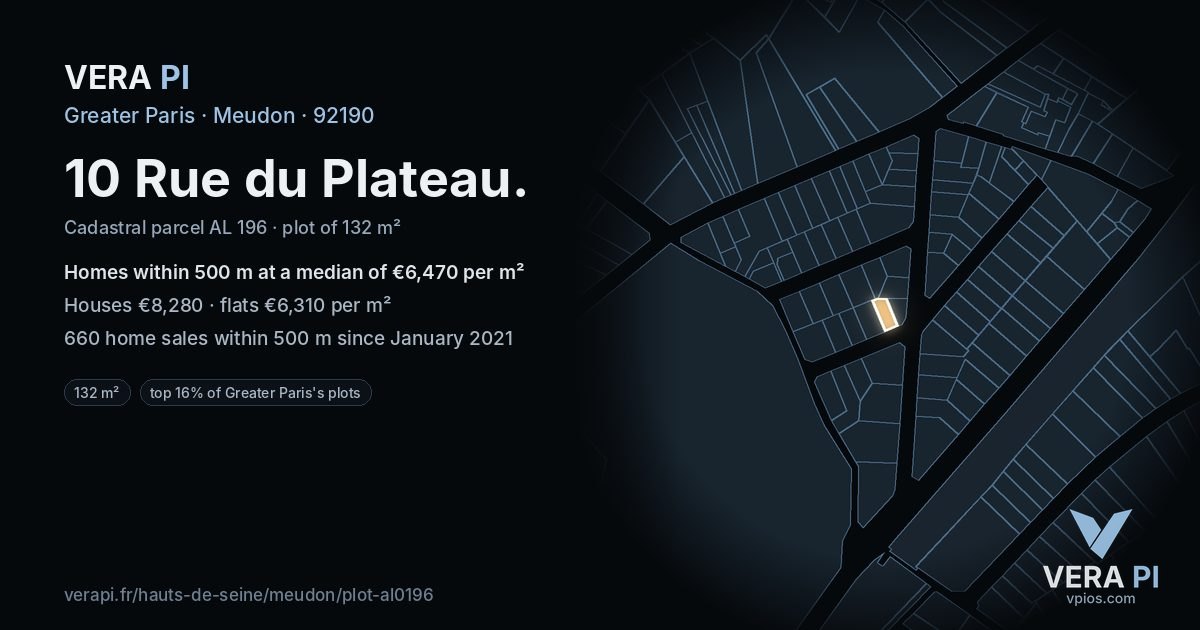 10 Rue du Plateau, Meudon at night – the plot lit, the parcels around coloured by the prices near them
