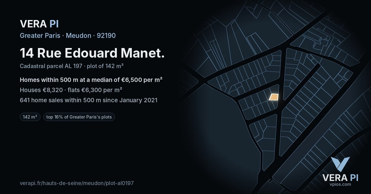 14 Rue Edouard Manet, Meudon at night – the plot lit, the parcels around coloured by the prices near them