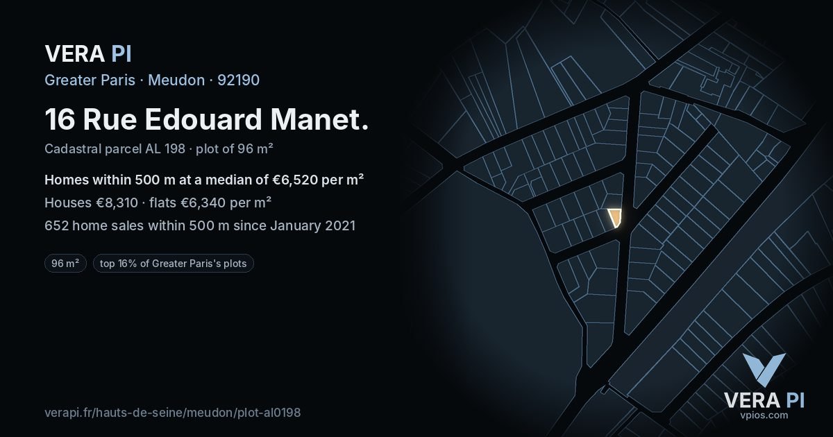 16 Rue Edouard Manet, Meudon at night – the plot lit, the parcels around coloured by the prices near them